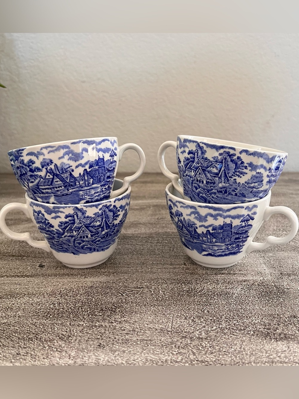 Set Of 4 Vintage Teacups, English Cottage, Blue & White, Made In England